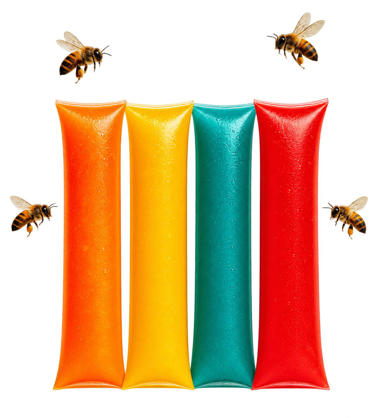 Plustek sealed pouches — orange, yellow, teal and red